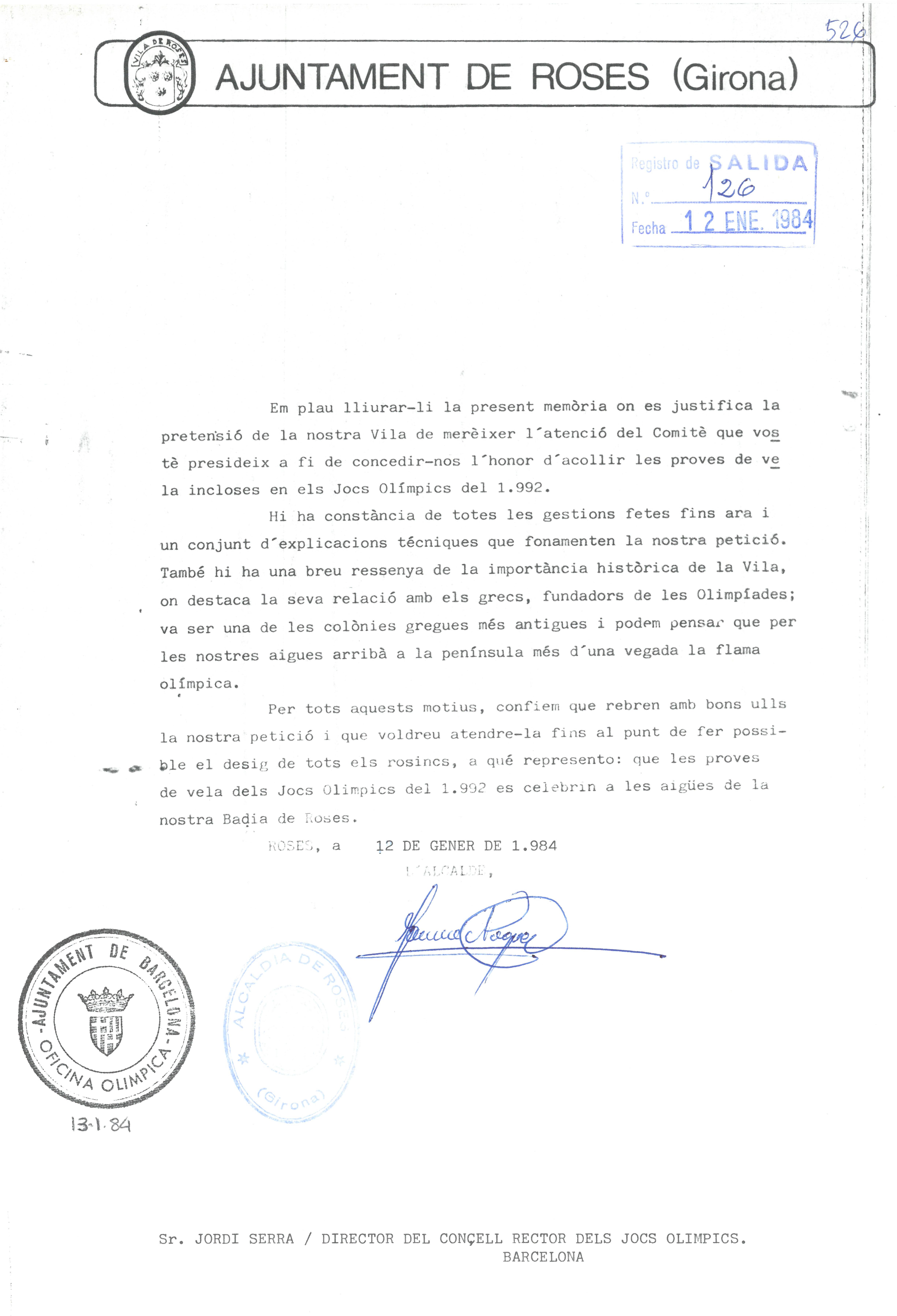 Carta a l'Oficina Olímpica de Barcelona de 1984