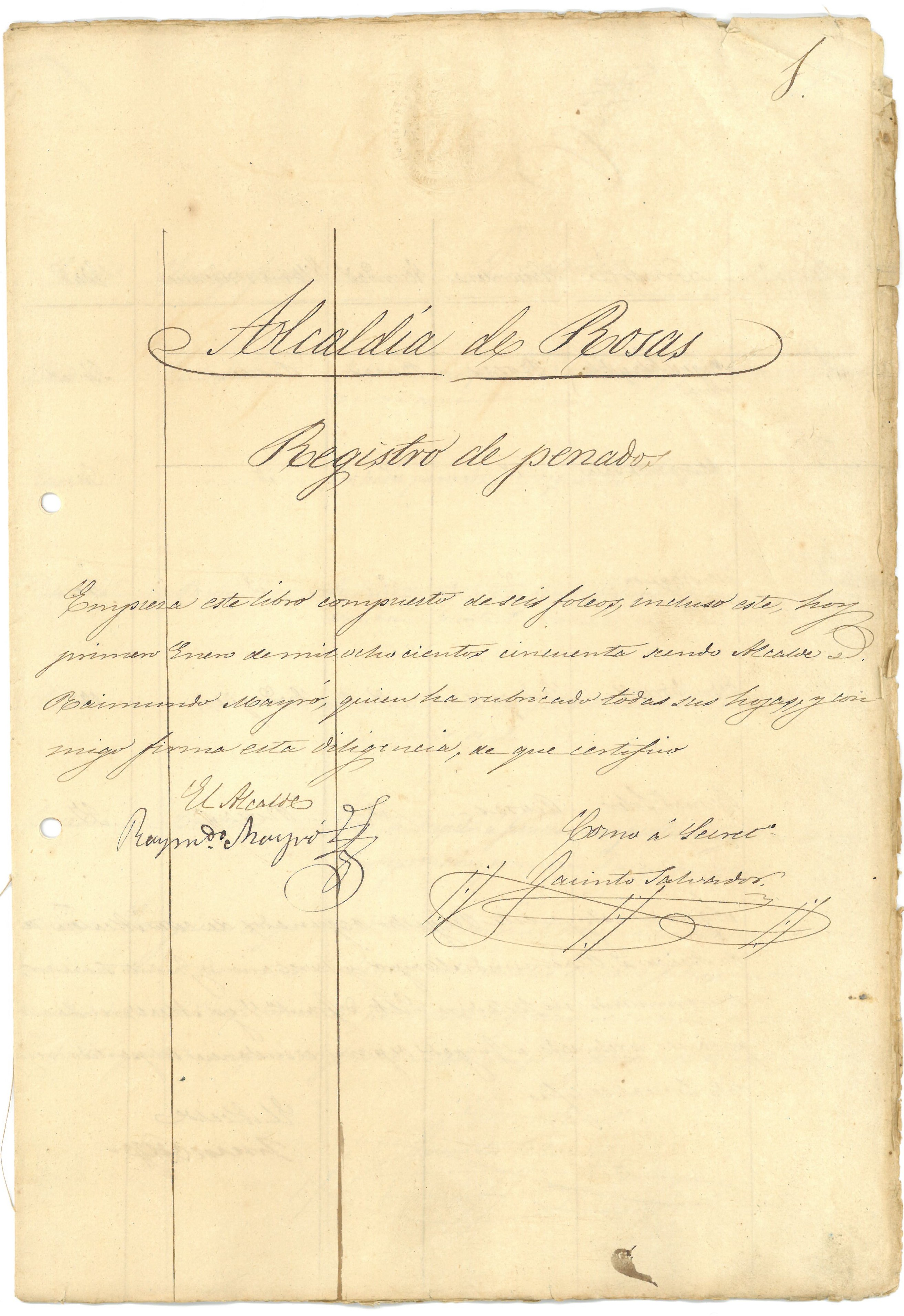 Portada del registre de penats de 1850